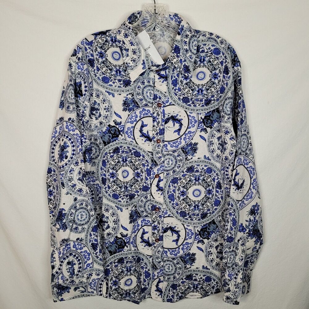 NWT Linen Cesnleoik Blue Floral Mens Long Sleeve Button Shirt Tag Size XL~READ